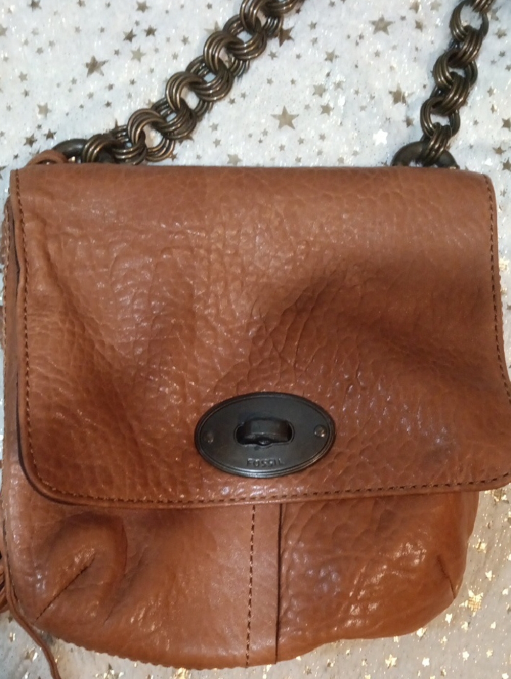 Fossil Tan/Brown Pebbled Leather Crossbody with Chain Strap
